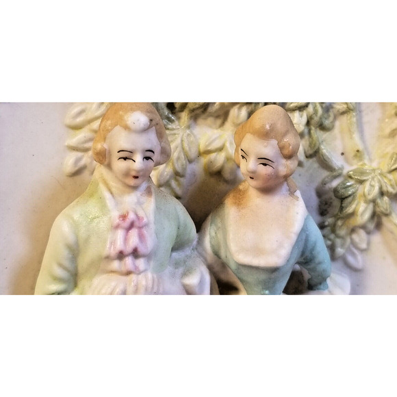 Vintage Pair 3 D Bisque Porcelain Victorian Couple Occupied Japan Wall Plaques - Picture 3 of 16